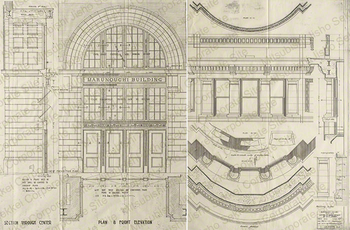 左：旧丸ノ内ビルヂング 中央エントランス詳細図／右：旧丸ノ内ビルヂング ８階コーナー詳細図